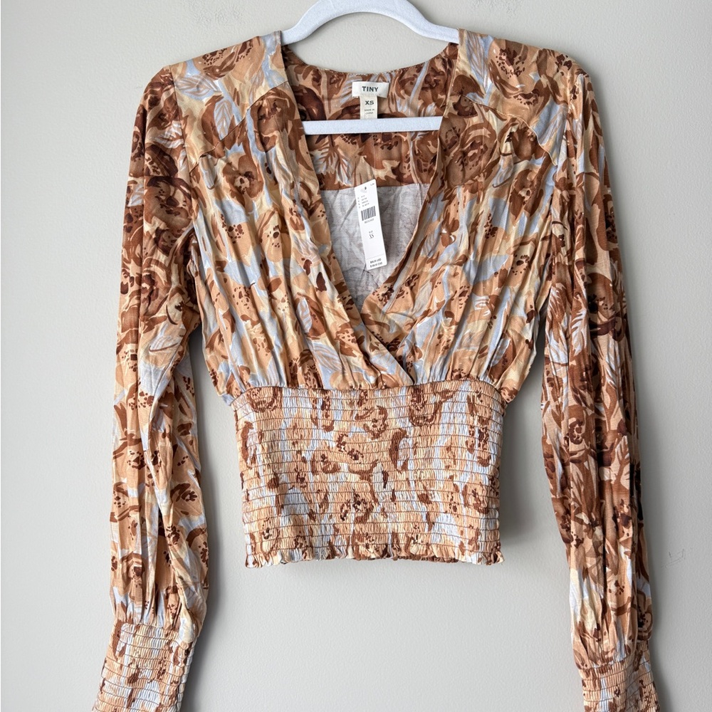 Anthropologie Floral V-Neck Blouse - Brown and Cream